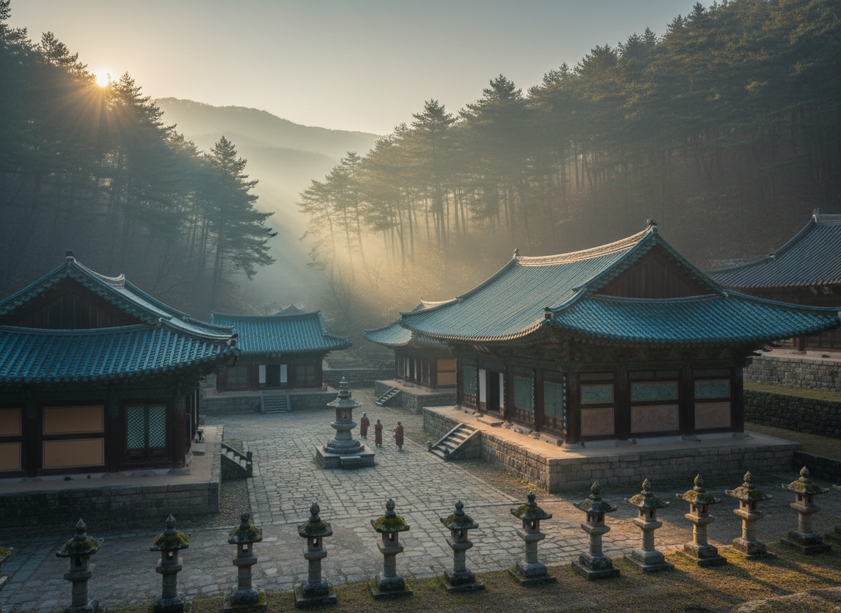 Haeinsa Temple in misty Korean mountains
