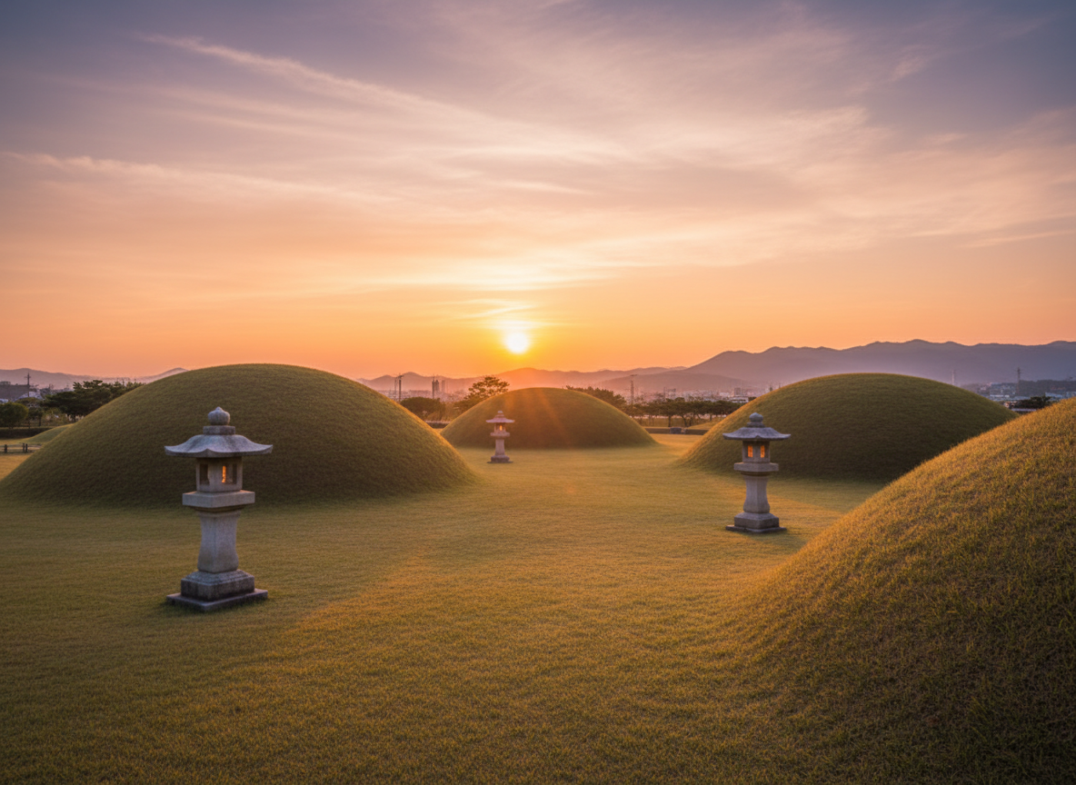 Gyeongju Silla royal tomb mounds tumuli at golden hour dusk