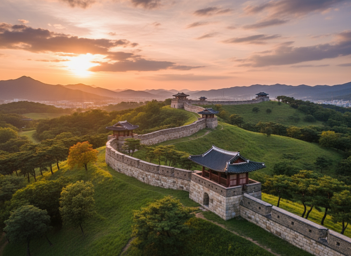 Hwaseong Fortress walls winding over hills Suwon Korea sunset