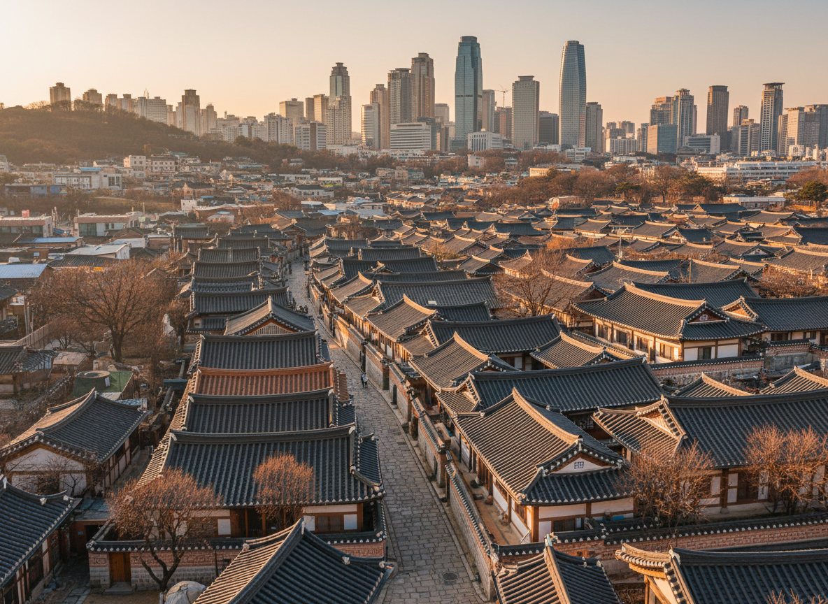 Bukchon Hanok Village aerial view traditional tiled rooftops Seoul