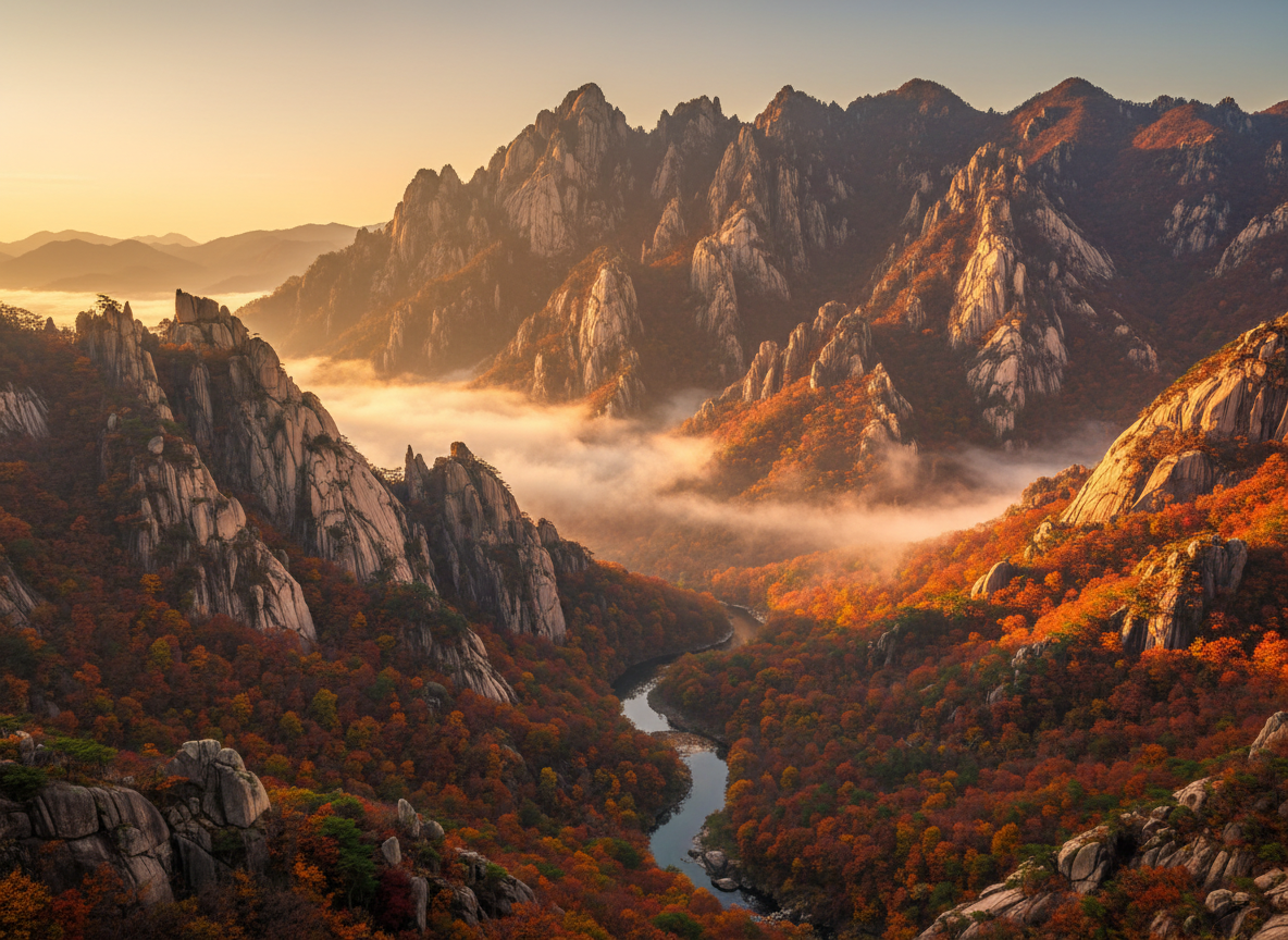 Seoraksan National Park autumn granite peaks red orange foliage Korea