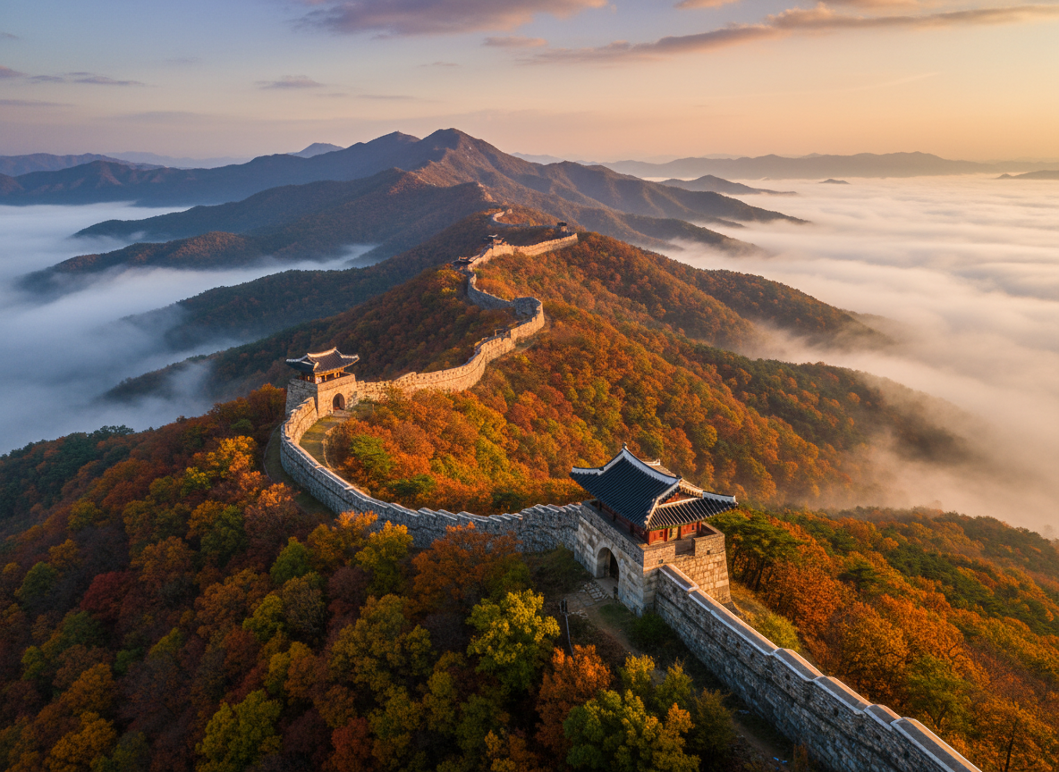 Namhansanseong mountain fortress walls autumn mist Korea