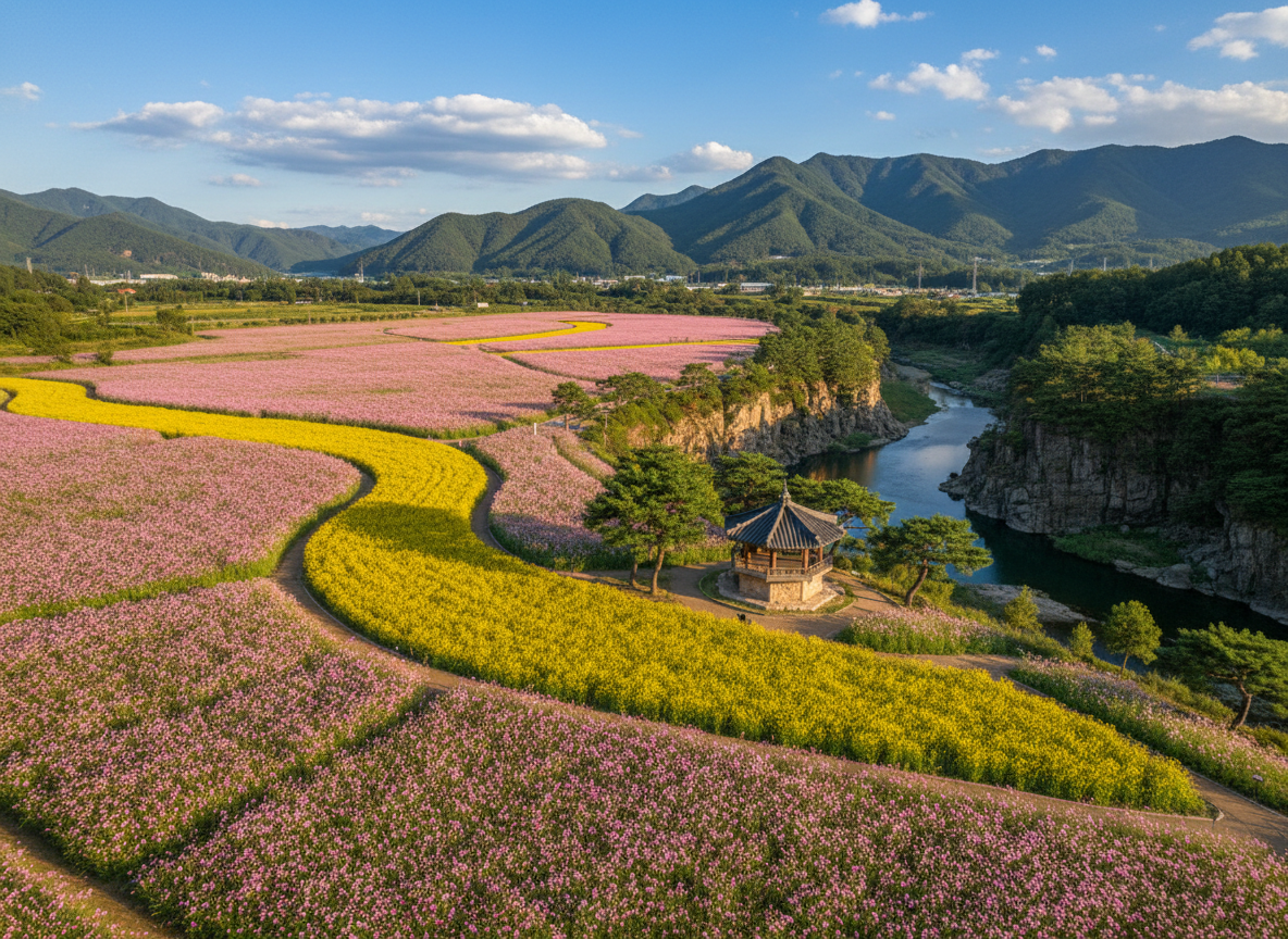 Aerial panoramic view of Goseokjeong Flower Garden with pink cosmos and yellow rapeseed fields