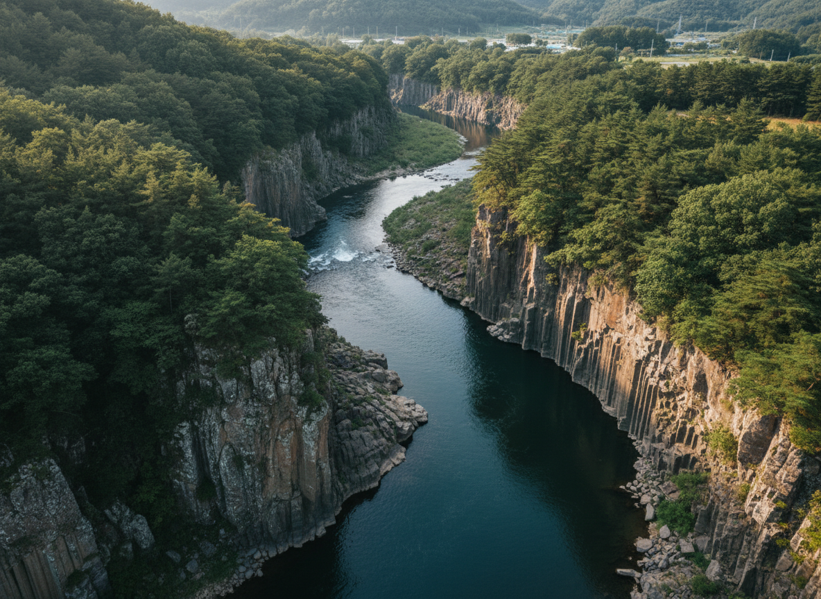 Hantan River flowing through dramatic basalt lava gorge, Cheorwon UNESCO Global Geopark