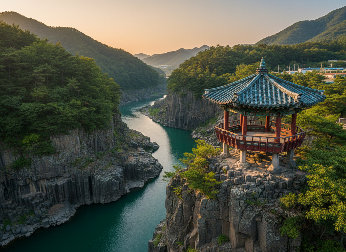 Goseokjeong Pavilion perched above the Hantan River basalt gorge, Cheorwon, Gangwon Province