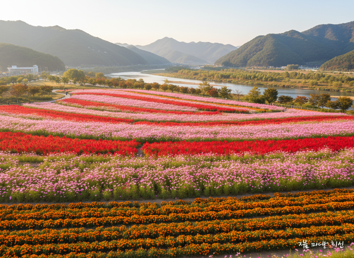 Aerial view of Goseokjeong Flower Garden with sweeping rows of cosmos, celosia and marigolds, Hantan River and mountains in the background, Cheorwon
