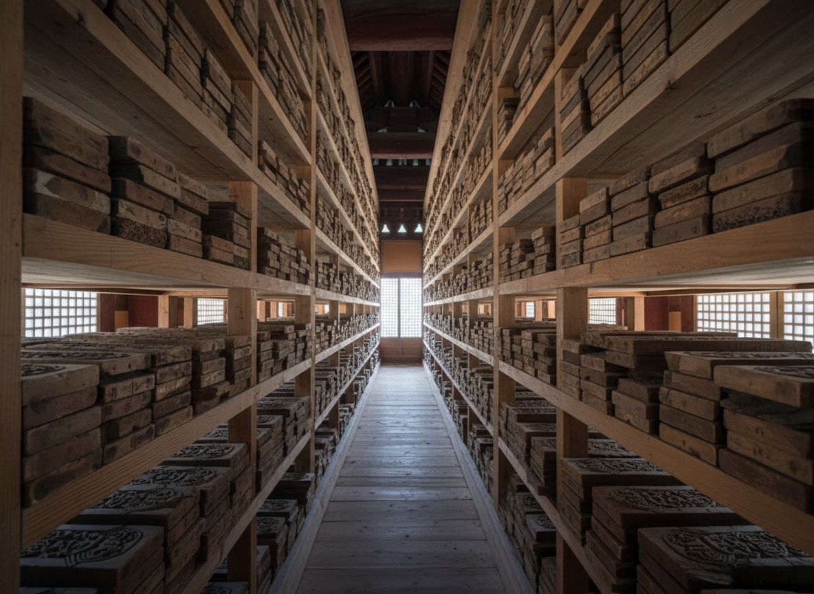 Haeinsa Temple Tripitaka Koreana wooden printing blocks, rows of ancient carved Buddhist scripture woodblocks stored on wooden shelves inside the Janggyeong Panjeon depository hall, dim natural light filtering through latticed wooden windows, Gaya Mountains South Gyeongsang Korea, UNESCO World Heritage, professional documentary photography