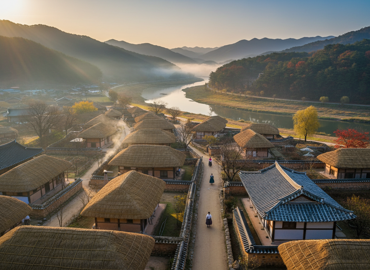 Historic Hahoe Village Andong South Korea, traditional Joseon-era hanok houses in a living UNESCO World Heritage village