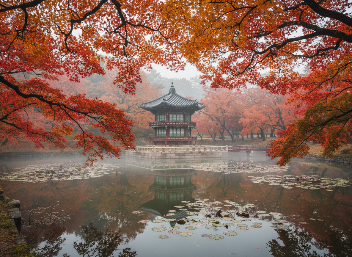 Changdeokgung Palace Secret Garden Huwon autumn pavilion and lotus pond