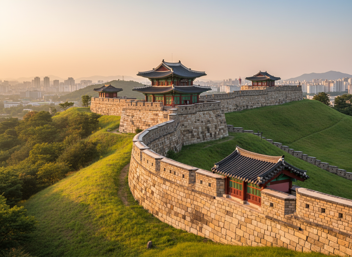 Hwaseong Fortress stone walls and watchtower Suwon Korea