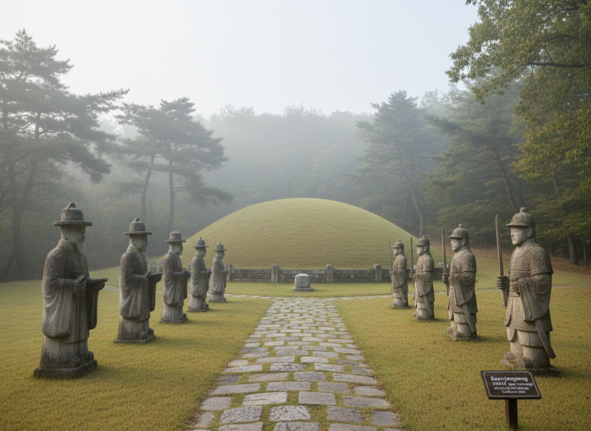 Joseon royal tomb stone statues and forested mound Seoul Korea