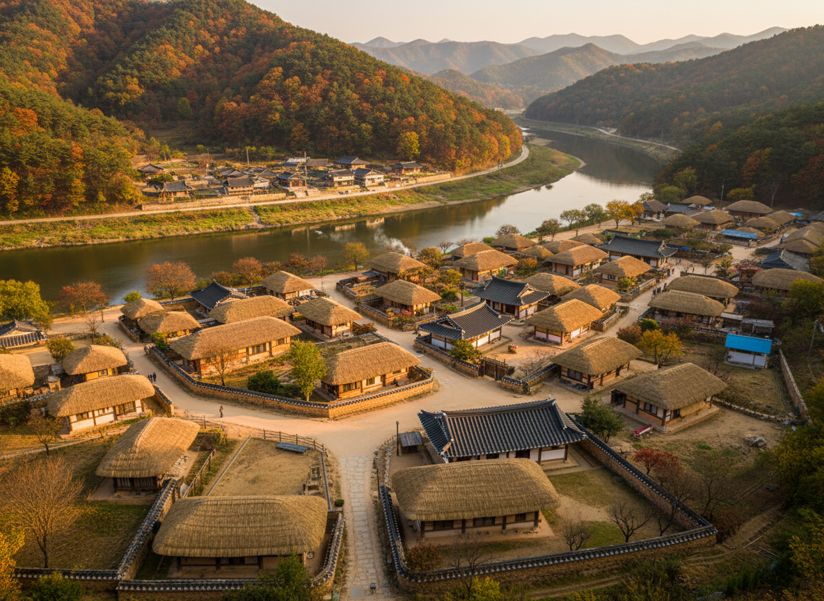 Hahoe Village thatched roof hanok houses river bend Andong Korea